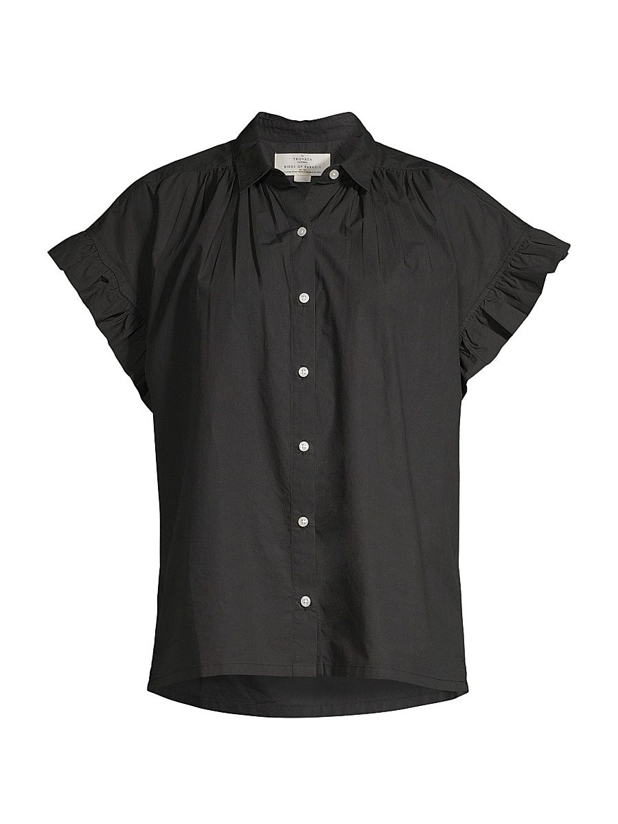 Women's Marianne B Ruffled Cotton Button-Front Shirt - Black - Size Medium