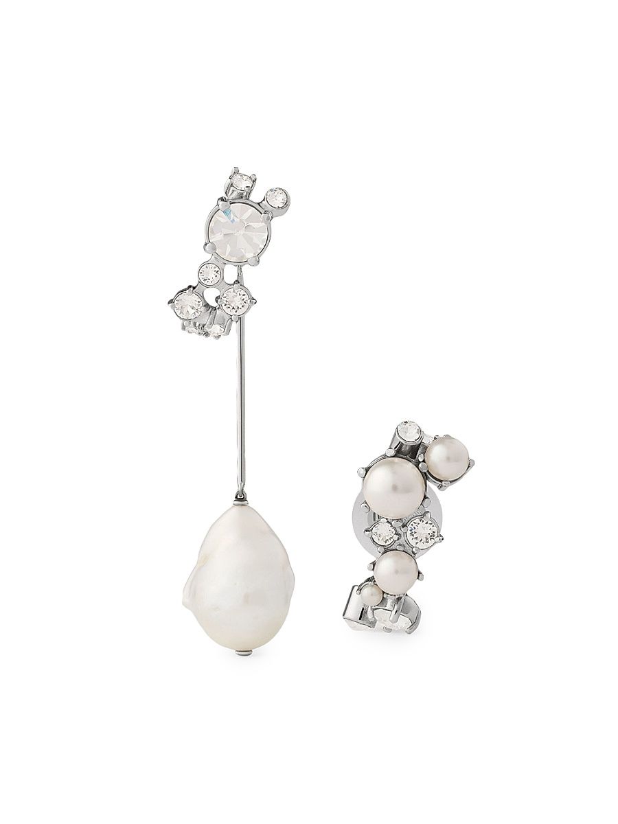Women's Crystal Pearl Asymmetric Earrings in Metal, Crystals and Pearls - White Silvery
