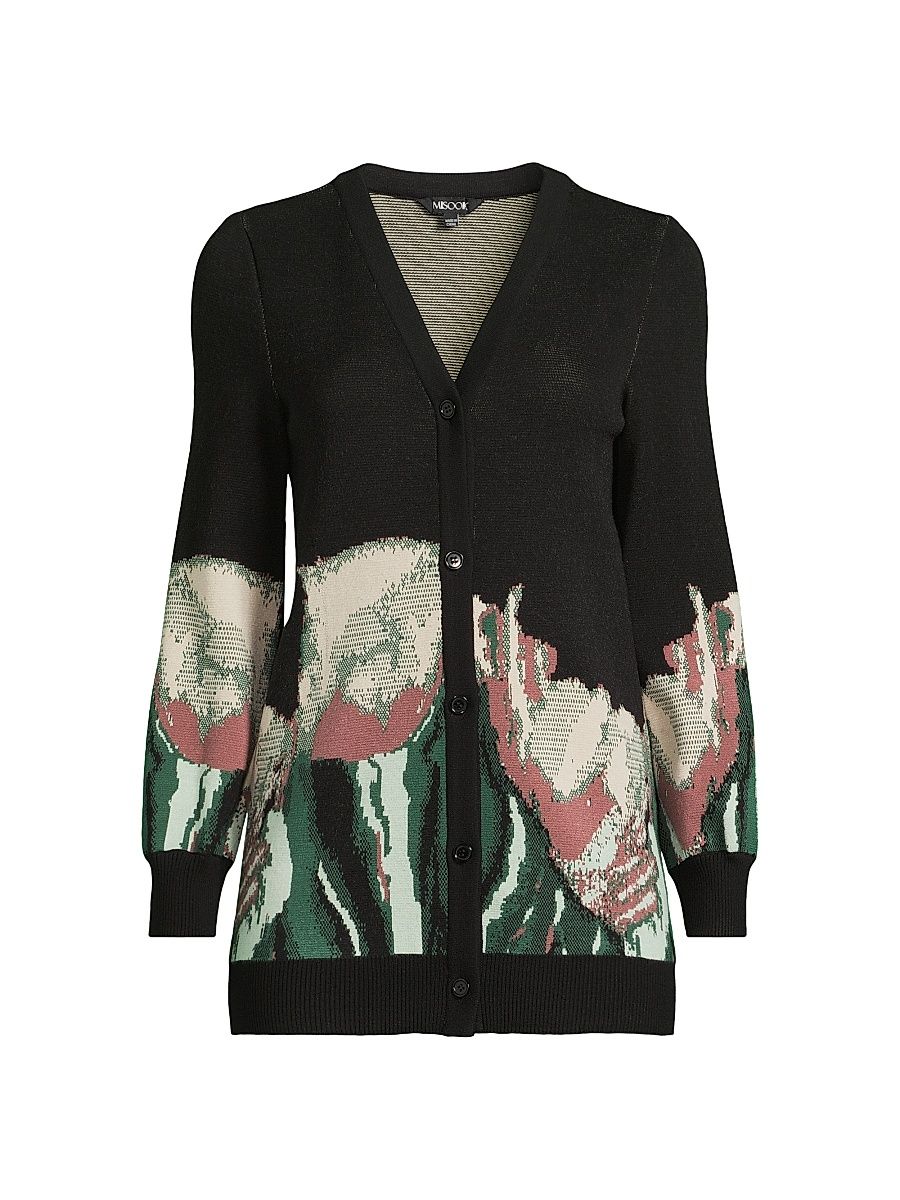 Women's Floral Jacquard-Knit Cardigan - Dk Ivy Black Umber Agave - Size XXL