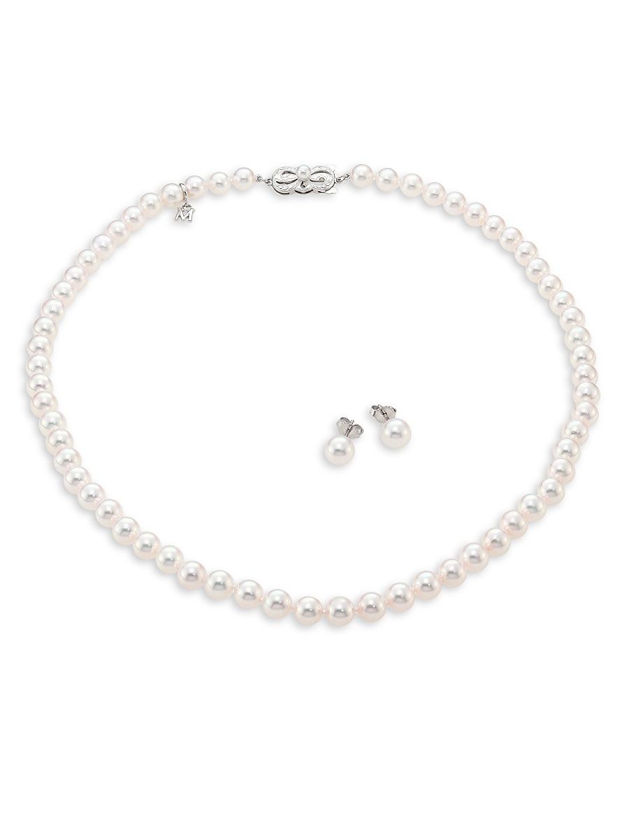 Women's 7-6MM Akoya Pearl Stud Earrings & Necklace Gift Set - Pearl