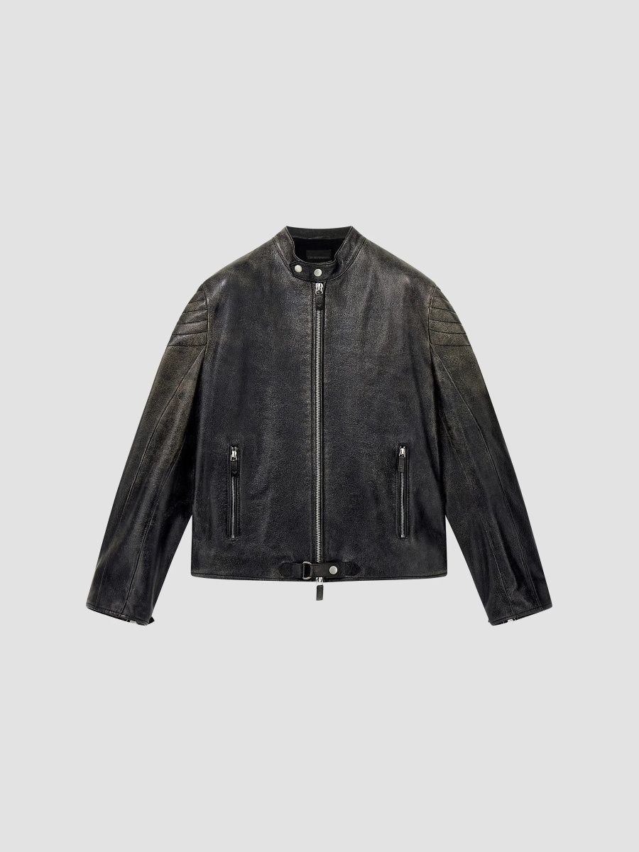 Emporio Armani Men's Leather Moto Jacket - Solid Black - Size 48