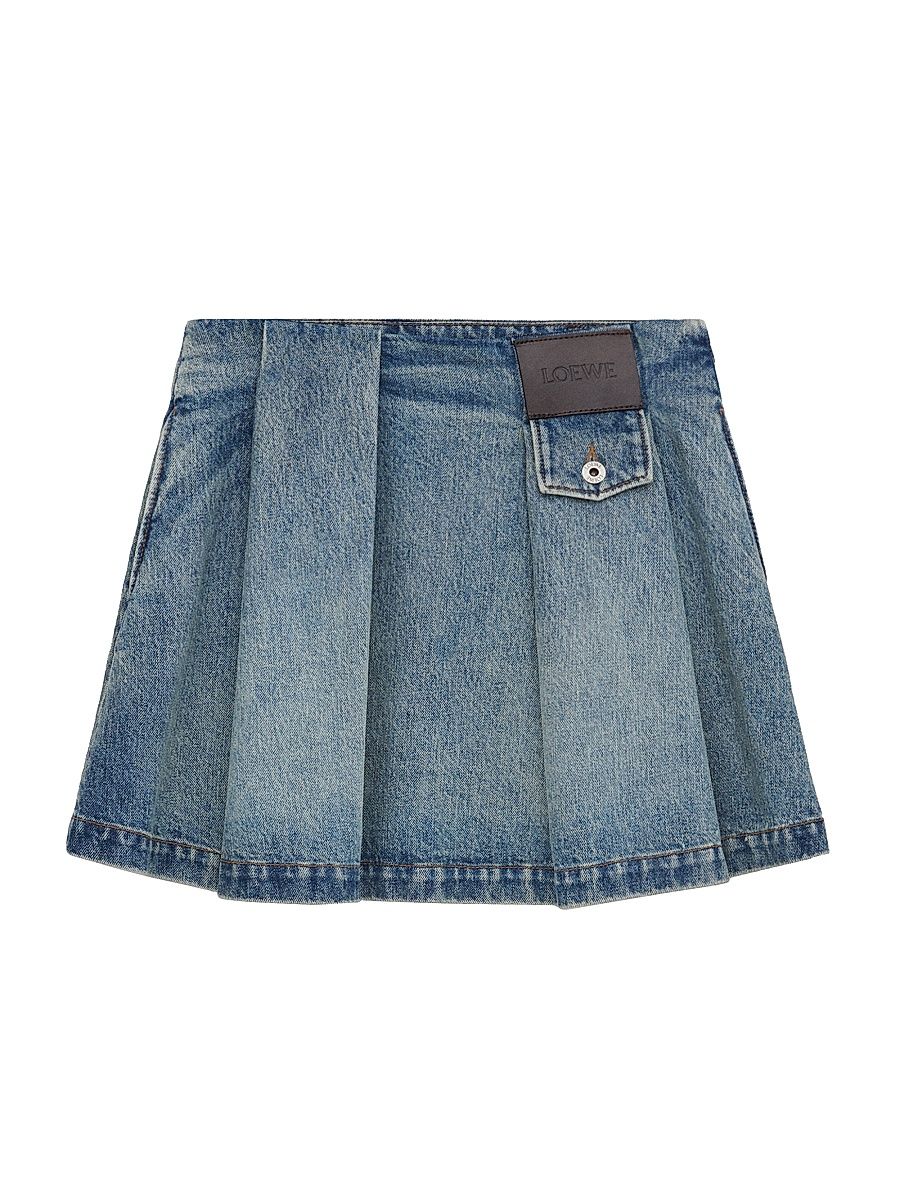Women's Pleated Denim Miniskirt - Washed Denim - Size 12