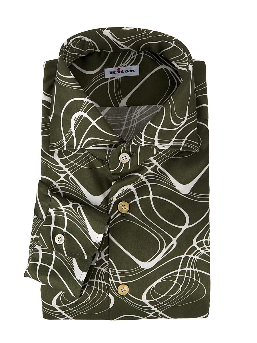 Men's Wavy Lines Button-Up Shirt - Dark Green - Size 17