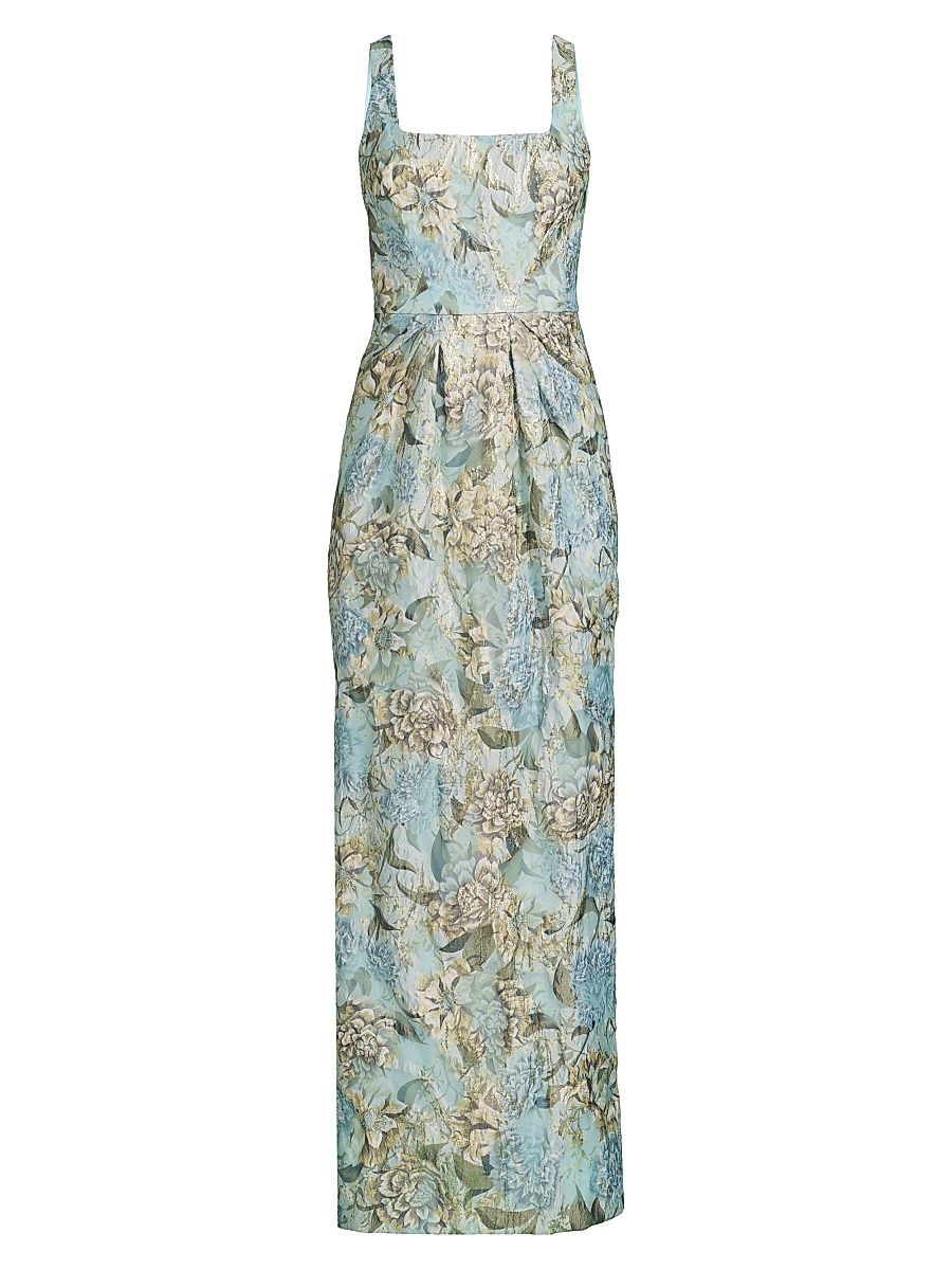 Women's Floral Jacquard Back-Slit Sleeveless Maxi Dress - Blue Gold - Size 8