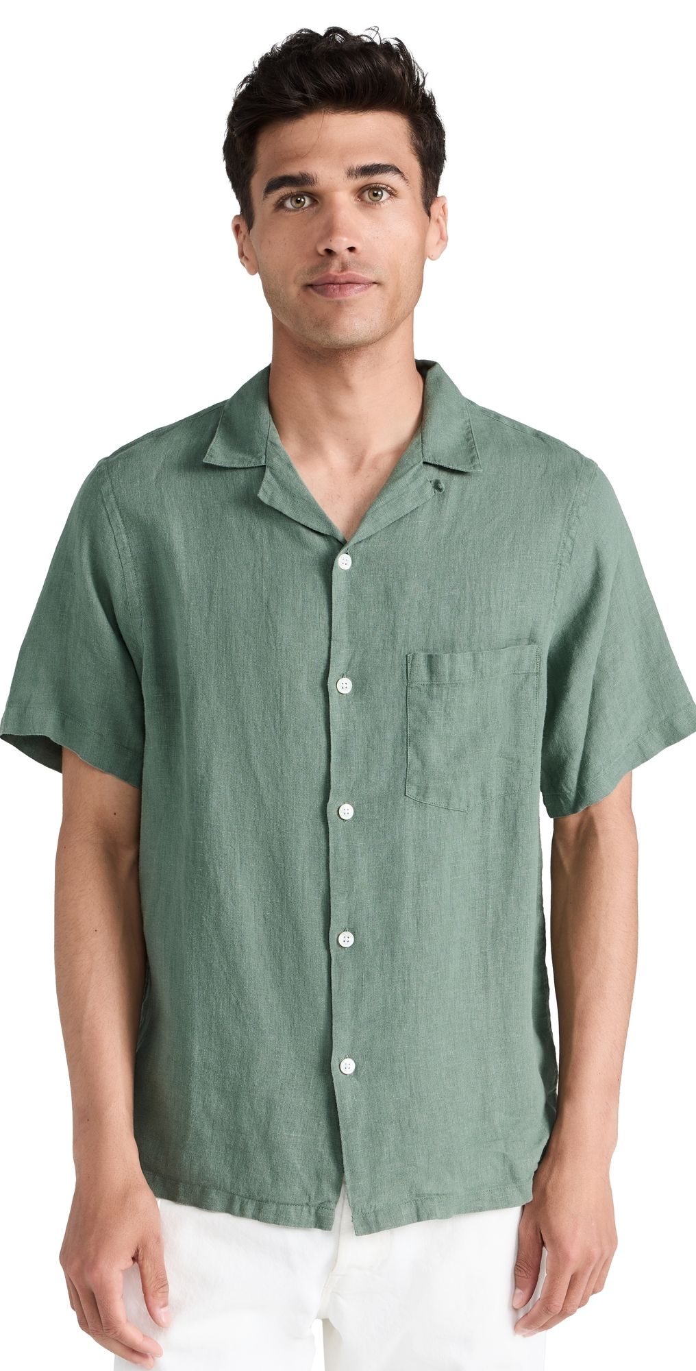 Portuguese Flannel Linen Camp Collar Shirt Dry Green M