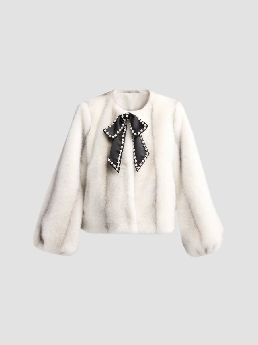 Women's Benson Embellished Bow Faux-Fur Jacket - Ivory Black - Size XL