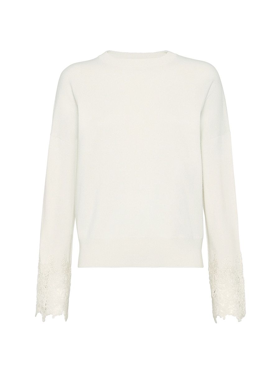 Women's Cashmere Sweater with Wispy Lace Cuffs - Panama - Size Medium