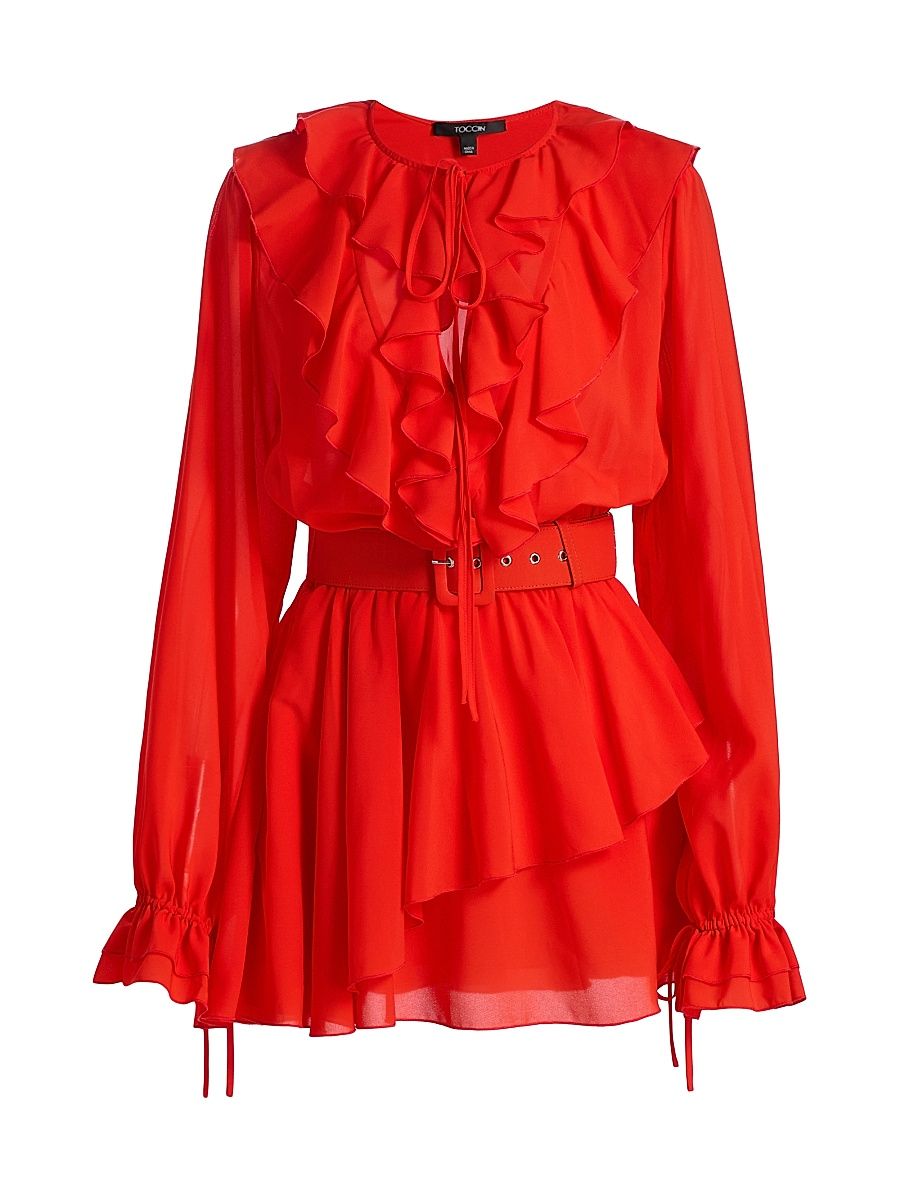 Women's Elma Ruffled Belted Minidress - Tomato - Size 10