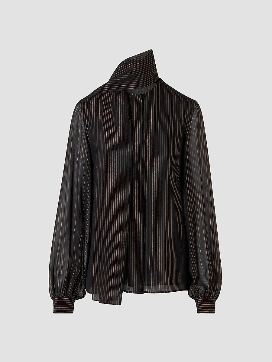 Women's Striped Silk Lamé Scarf Blouse - Black Gold - Size 12