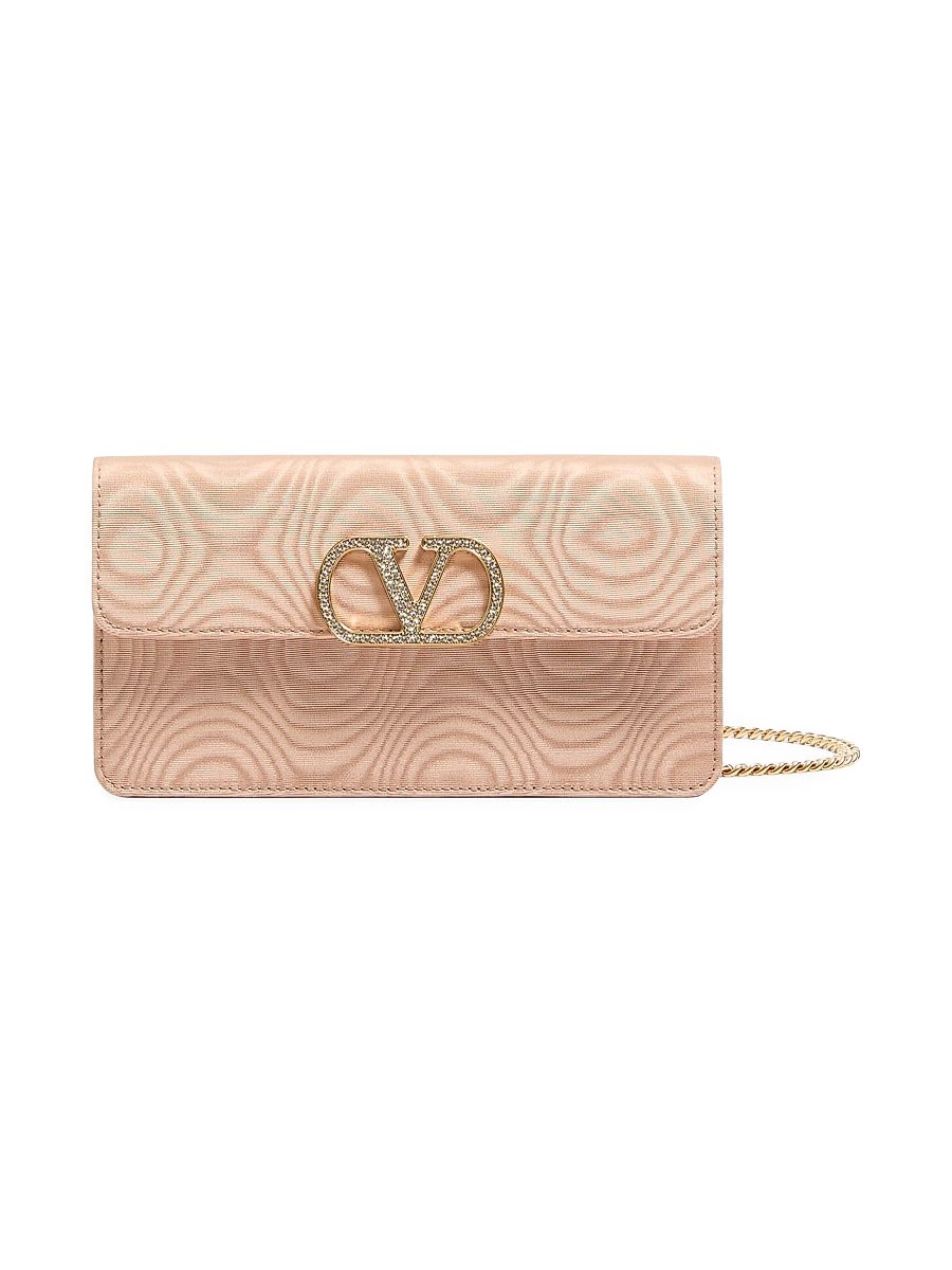 Women's VLogo Signature Chain Wallet in Moiré Fabric - Beige
