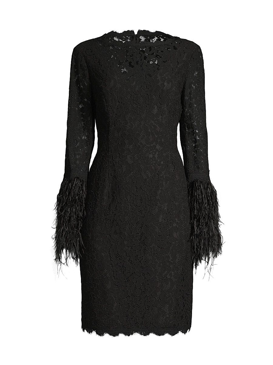 Women's Feather-Trim Lace Sheath Dress - Black - Size 16