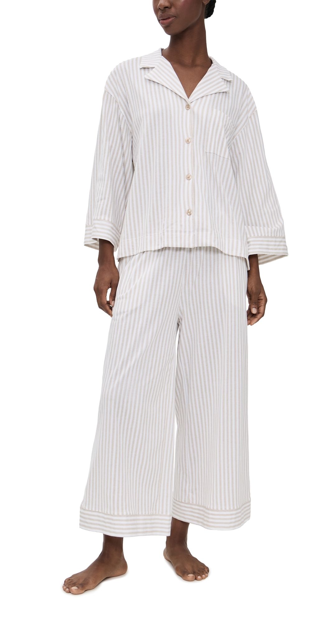 Petite Plume Pima Olivia Pajama Set in Camel Ticking Stripe Camel L