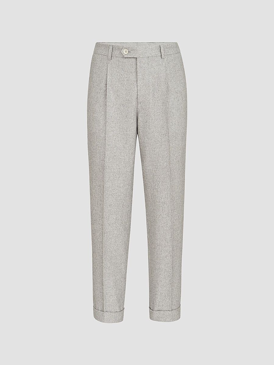 Men's Silk and Cashmere Cavalry Tweed Trousers with Pleats - Light Grey - Size 48