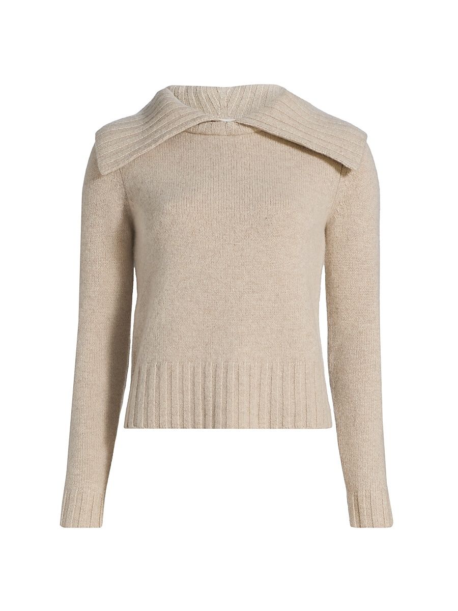 Women's Wide Ribbed-Collared Cashmere Sweater - Beige Melange - Size XL