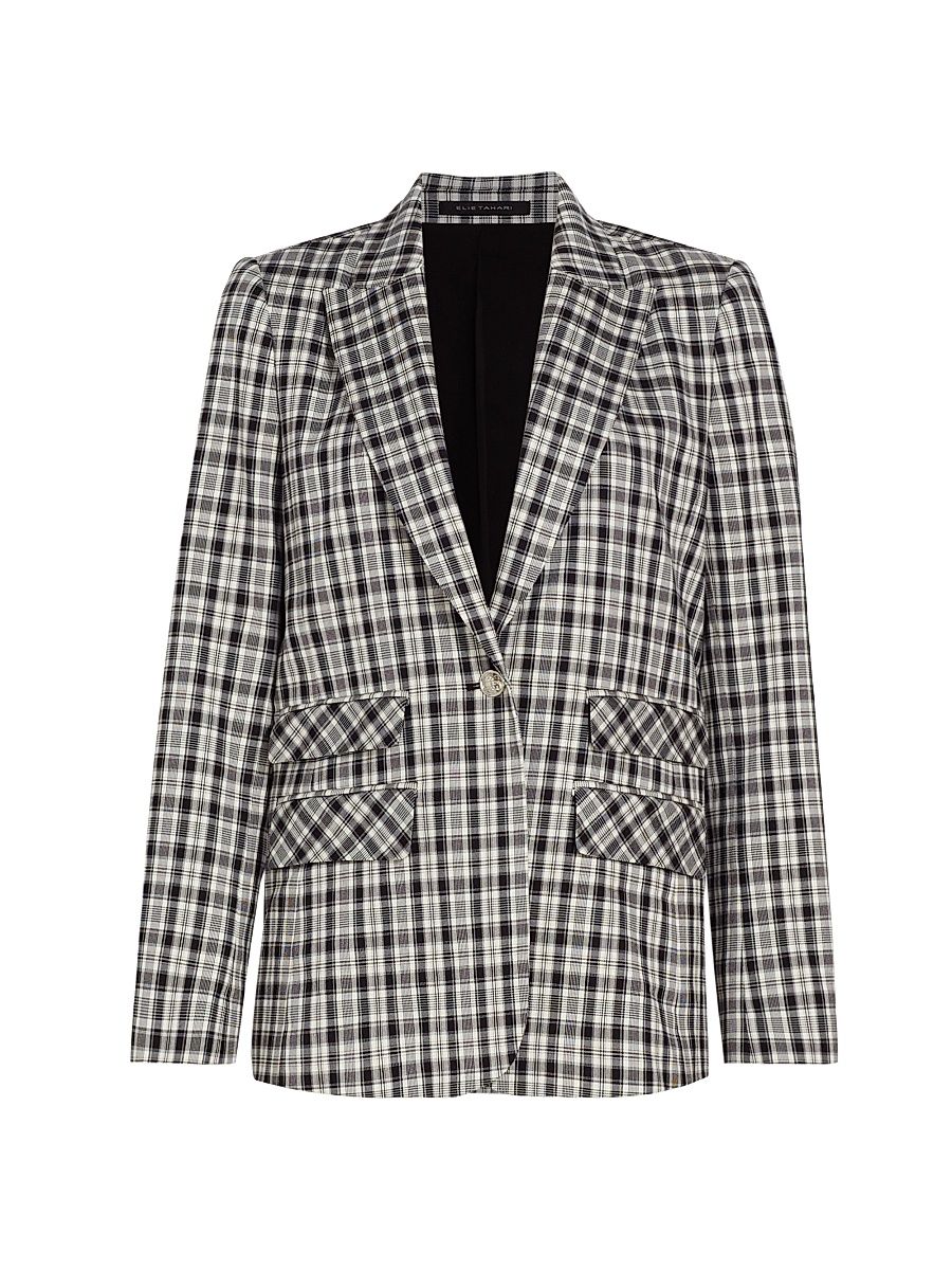 Women's Plaid Single-Button Blazer - Black And White Plaid - Size 12