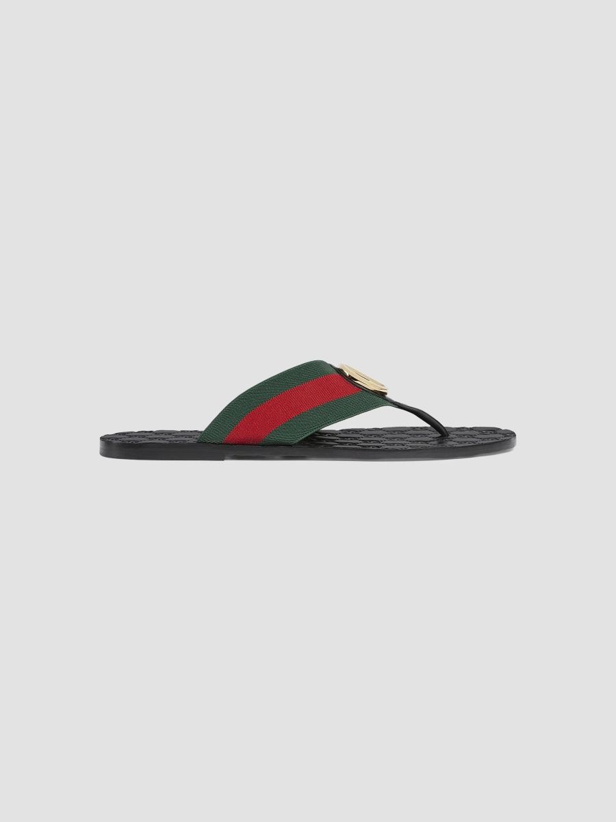 Gucci Men's Riviera Web-Strap Leather Flip-Flops - Green Multi - Size 10