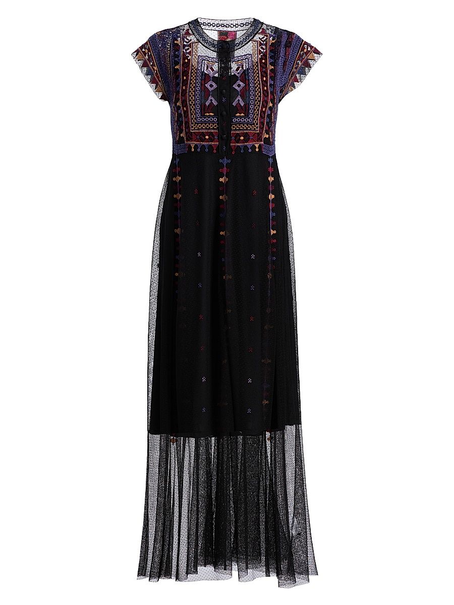 Women's Apolonia Embroidered Mesh Maxi Dress - Black - Size Large