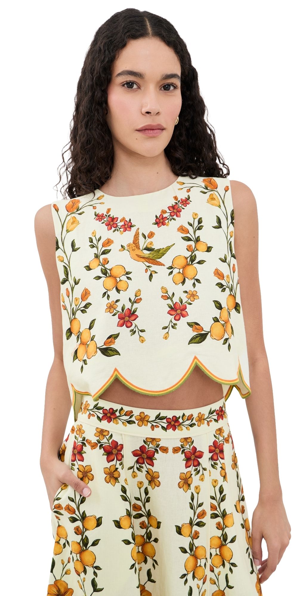 FARM Rio Scalloped Blouse Lemon Bouquet Off-White M