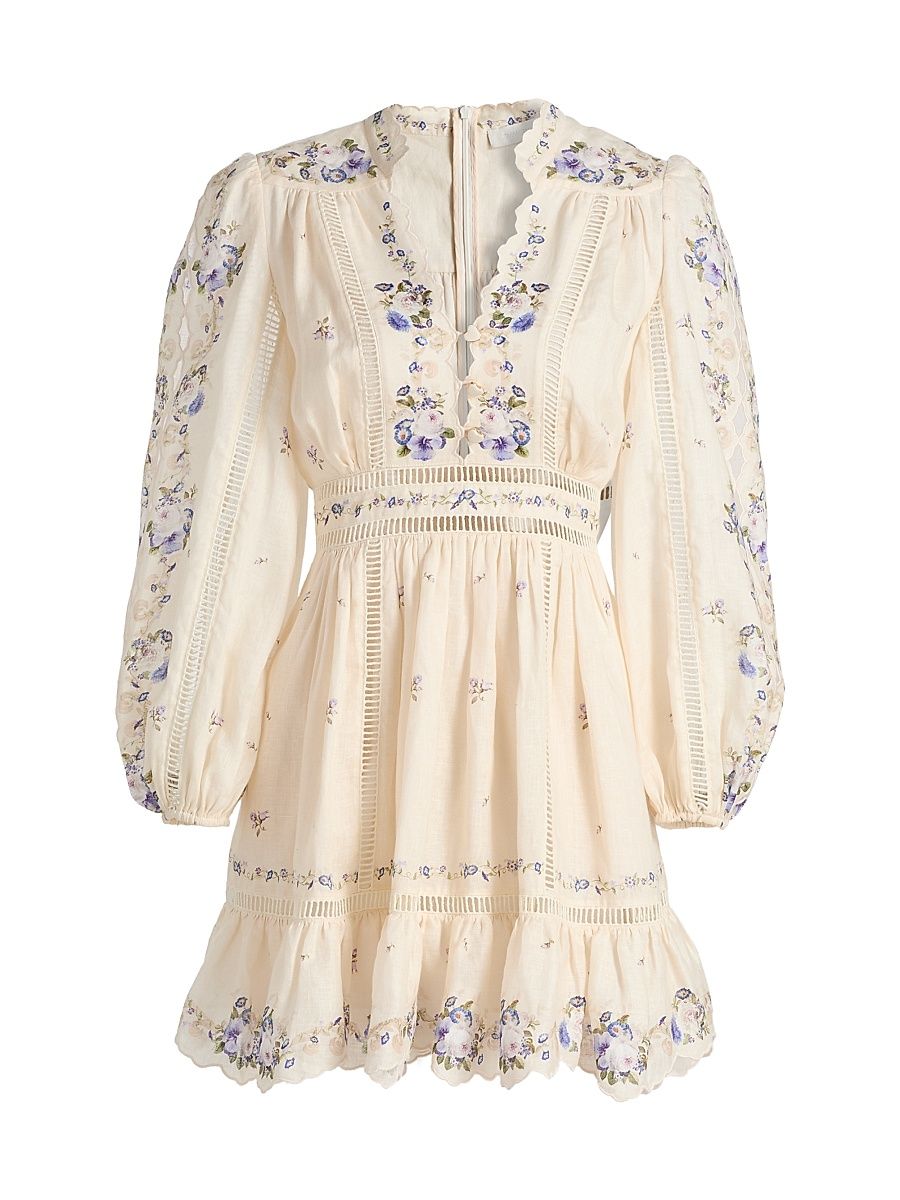Women's Patience Floral Linen Plunge Minidress - Cream Purple Rose - Size 10