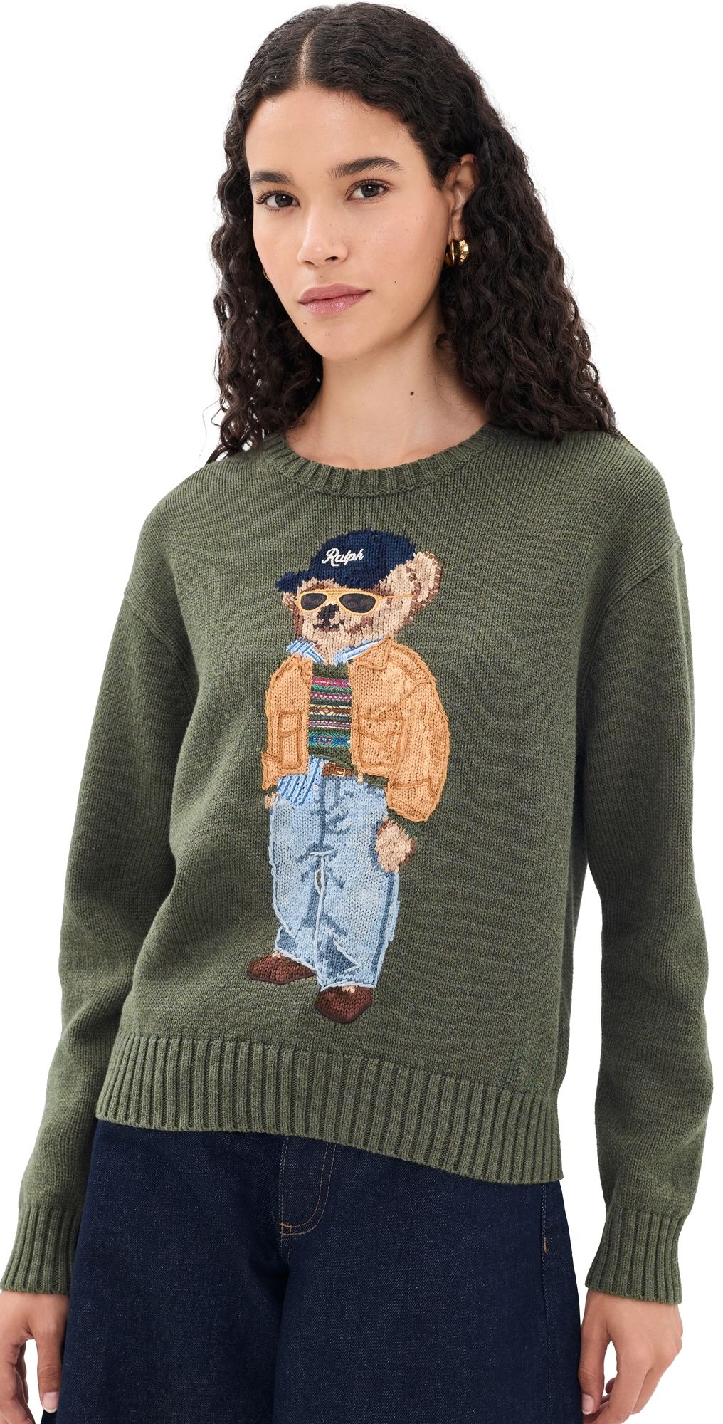 Polo Ralph Lauren Cotton Bear Long Sleeve Crew Neck Pullover Marled Olive L