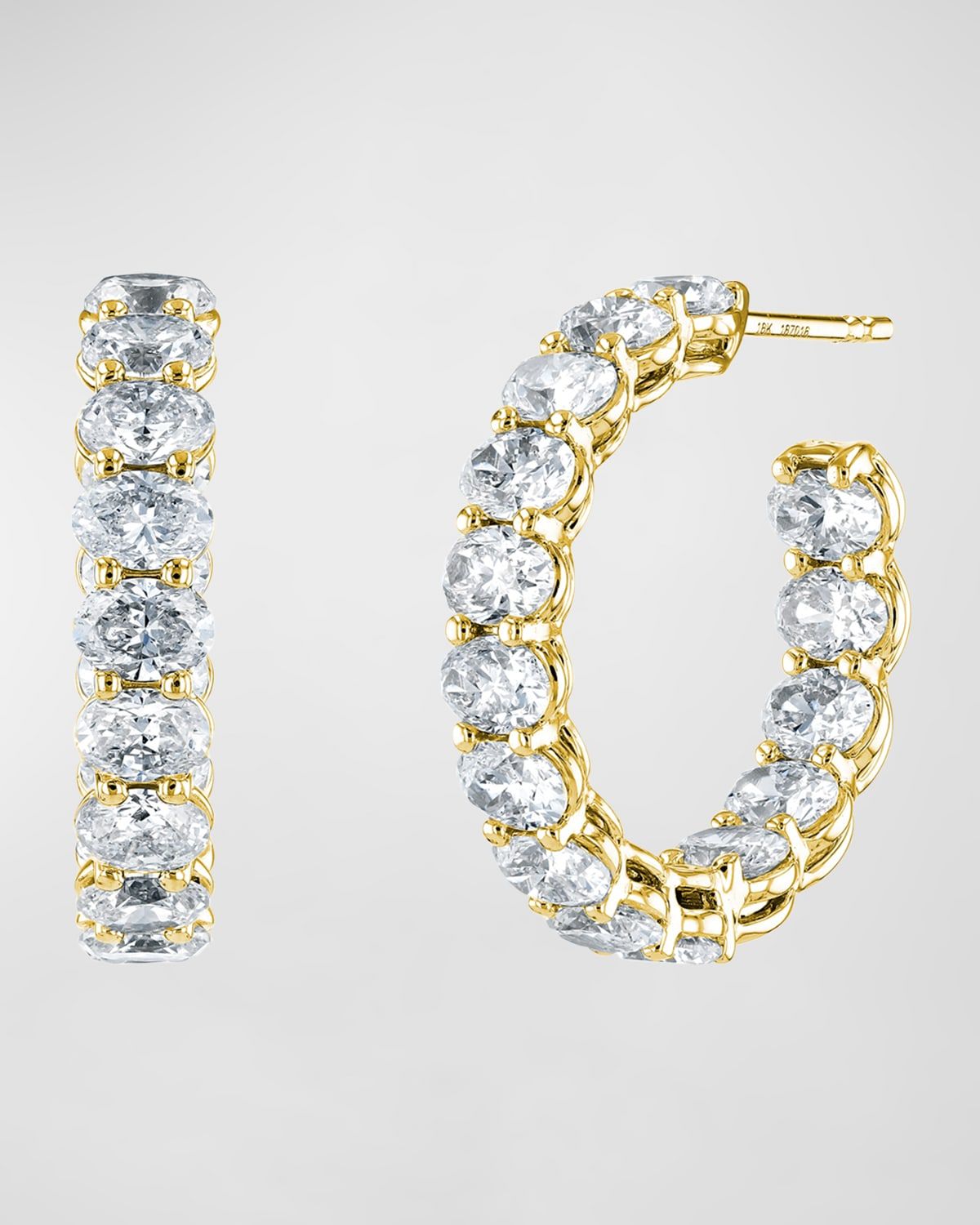18K Gold East-West Oval-Cut Diamond Hoop Earrings, 4.4tcw/0.75"L