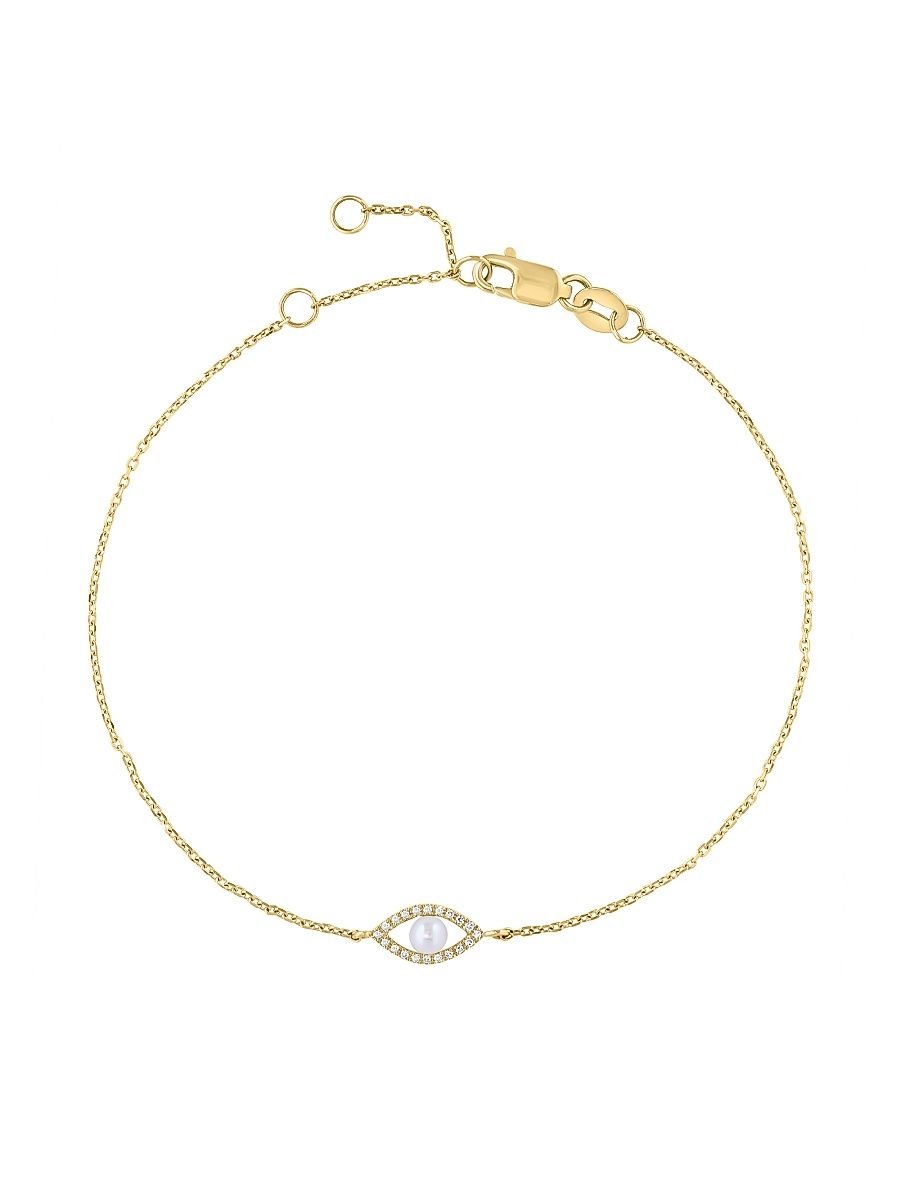 Women's 18K Yellow Gold, Freshwater Pearl & 0.04 TCW Diamond Eye Charm Bracelet - Yellow Gold