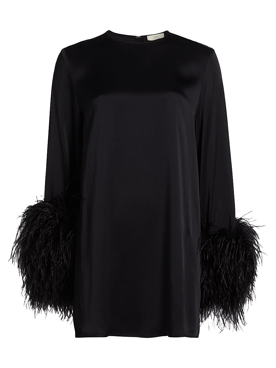 Women's Double-Face Satin Feather-Cuff Minidress - Black - Size Large