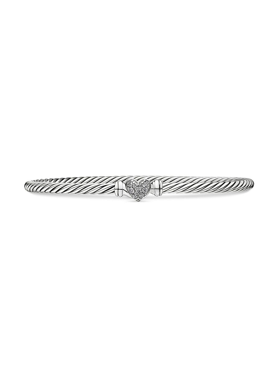 Women's Classic Cable Heart Station Bracelet in Sterling Silver - Diamond - Size Small