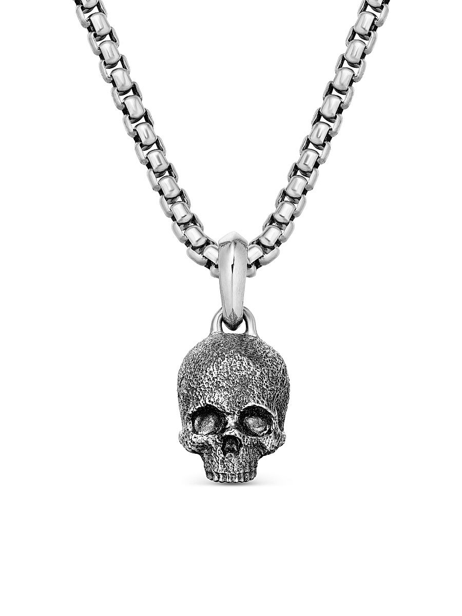 Men's Memento Mori Skull Amulet in Sterling Silver, 16mm - Silver Black