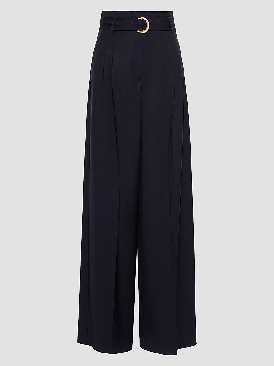 Women's High Waisted Woollen Cloth Trousers - Navy - Size 14