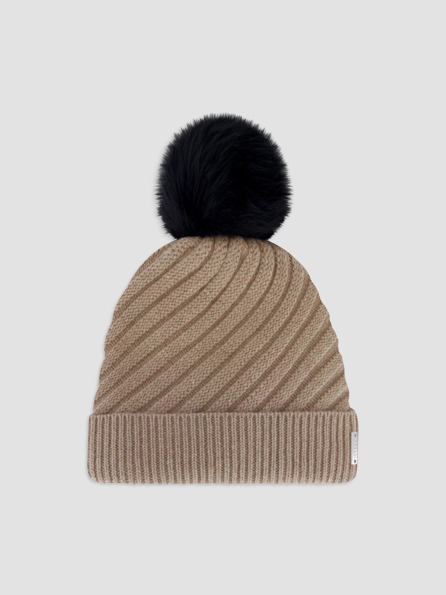 Gorski Women's Select Cashmere Cable Knit Beanie Hat with Merinillo Shearling Lamb Pompom - Camel