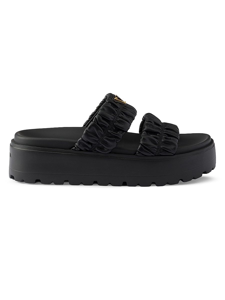 Women's Matelassé Nappa Leather Flatform Slides - Black - Size 6