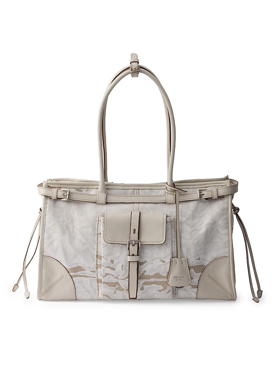 Women's Bonnie Large Printed Linen and Leather Top Handle Bag - White