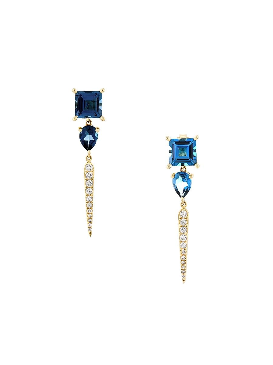 Women's 14K Yellow Gold, 0.28 TCW Diamond & Blue Topaz Drop Earrings - Yellow Gold