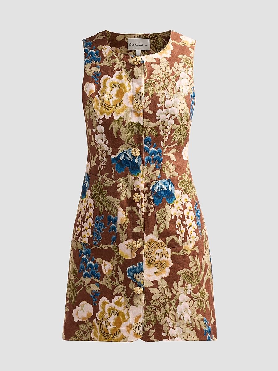 Women's Rhapsody Floral Linen Sleeveless Mini Dress - Flora Meadow Brown - Size 14