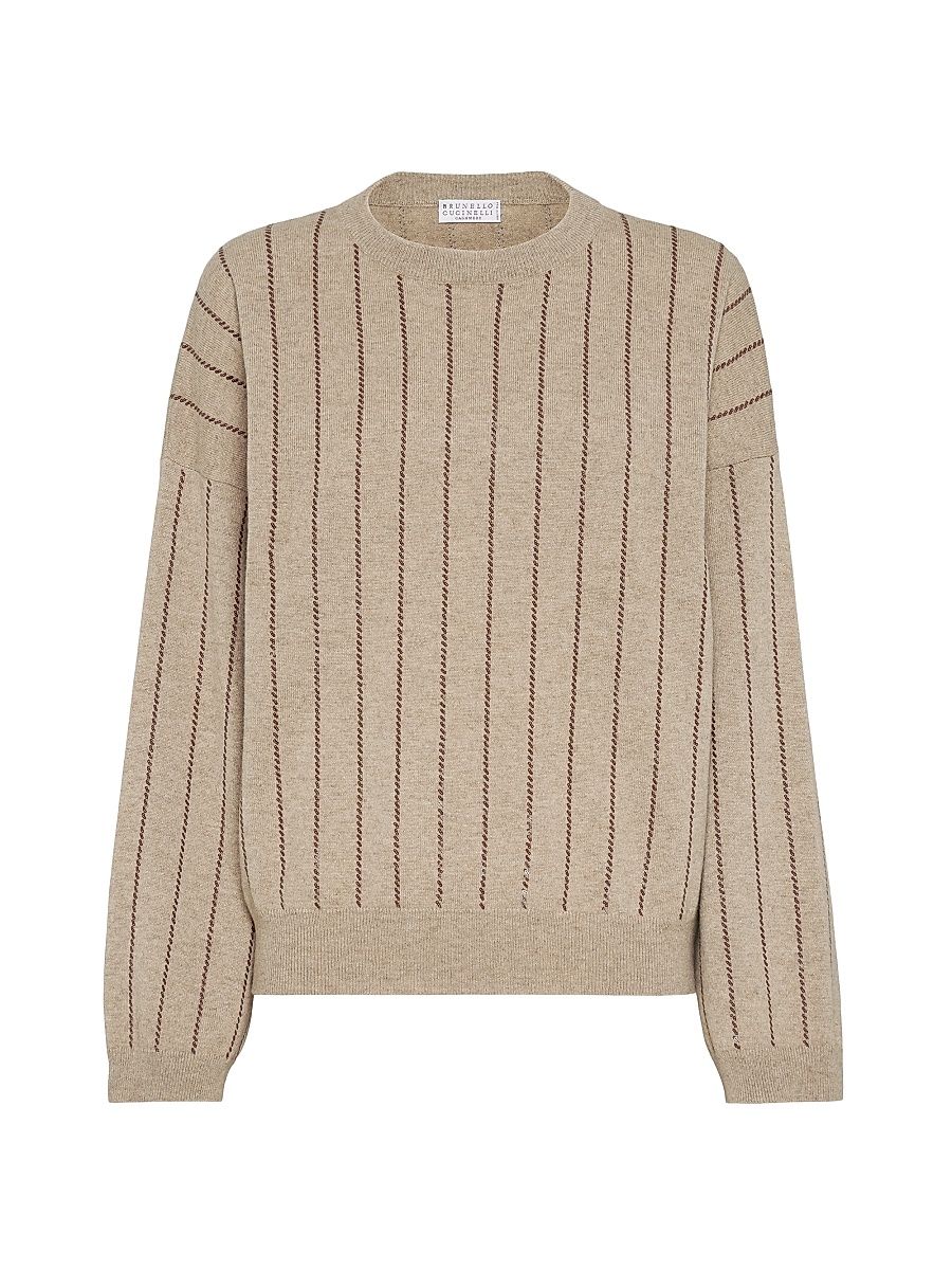Women's Cashmere Sweater with Dazzling Chalk Stripe Embroidery - Cocoa - Size XXXL
