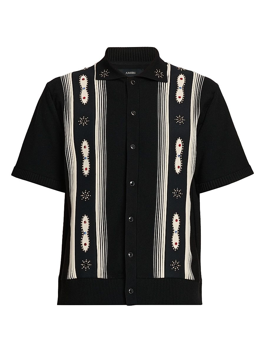 Men's Embellished Striped Virgin Wool-Blend Shirt - Black - Size Small
