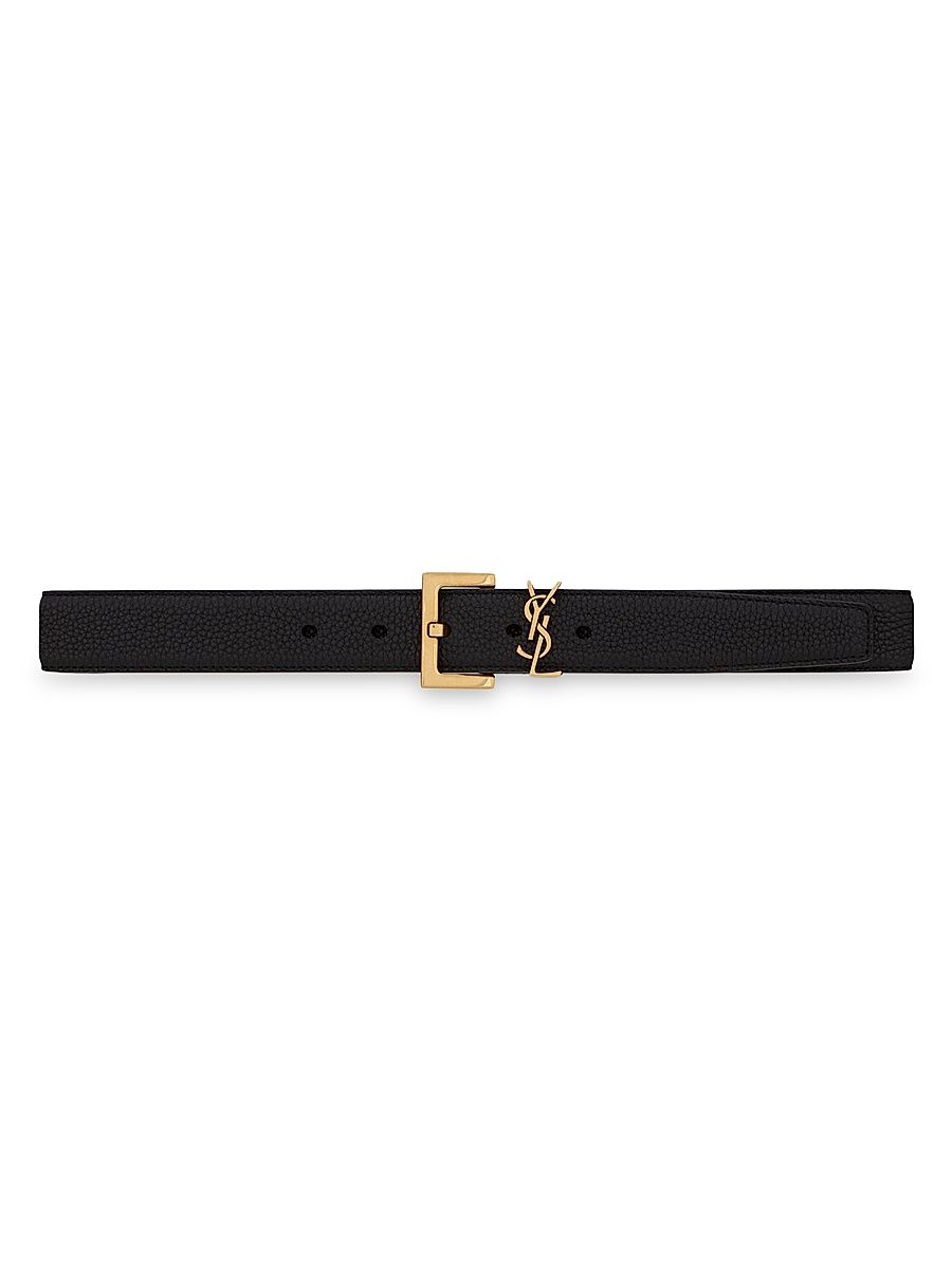 Saint Laurent Women's Cassandre Belt with Square Buckle in Grained Leather - Nero - Size 30