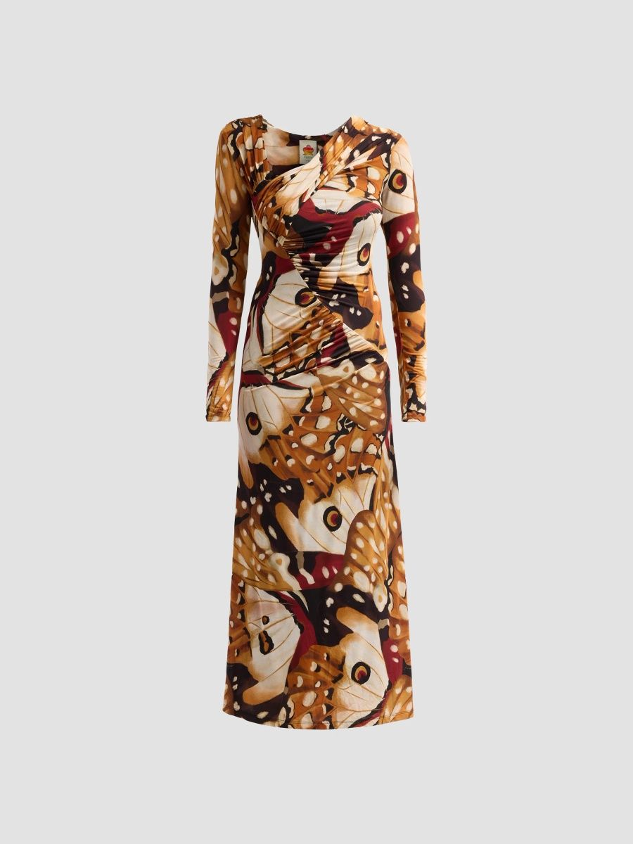Farm Rio Women's Borbofly Print Ruched A-Line Maxi Dress - Beige - Size Large