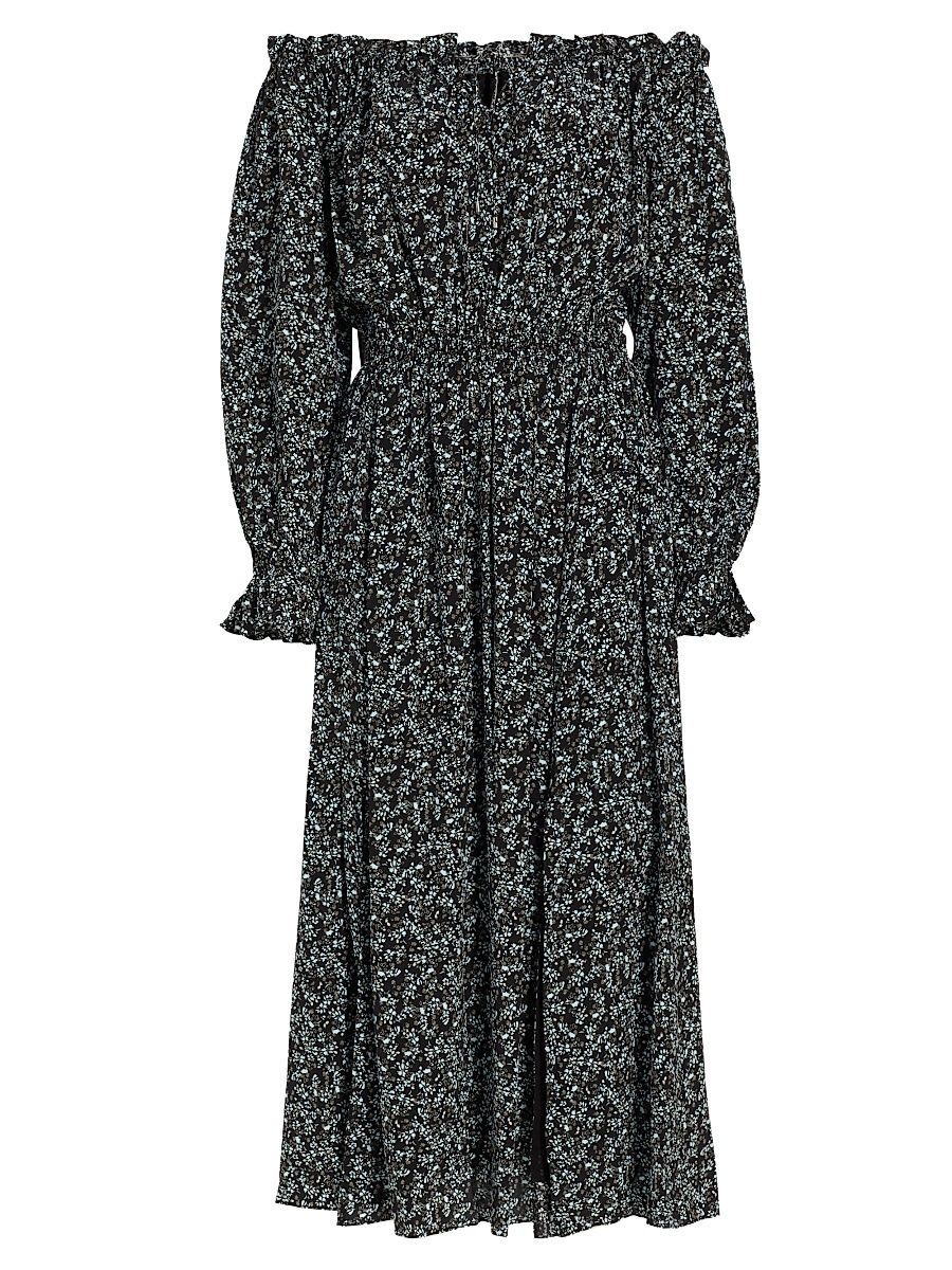 Women's Night Floral Silk Off-The-Shoulder Midi-Dress - Night Floral Print - Size Small