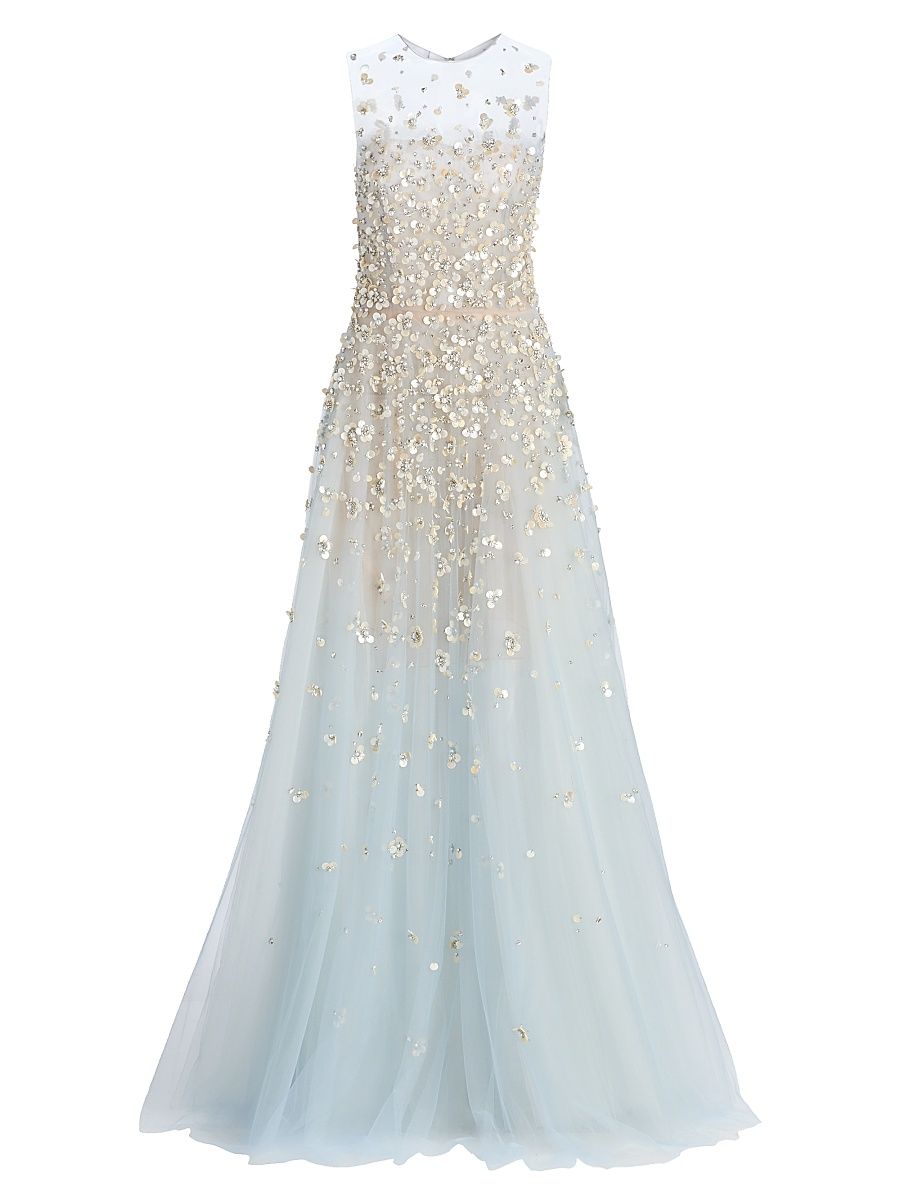 Women's Embellished Floral Mother-of-Pearl Embroidered Tulle Gown - Sky - Size 8