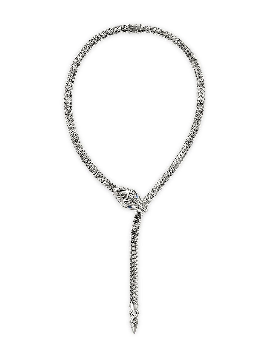 Women's Naga Dragon Sterling Silver, 0.16 TCW Diamond & Blue Sapphire Lariat Necklace - Silver