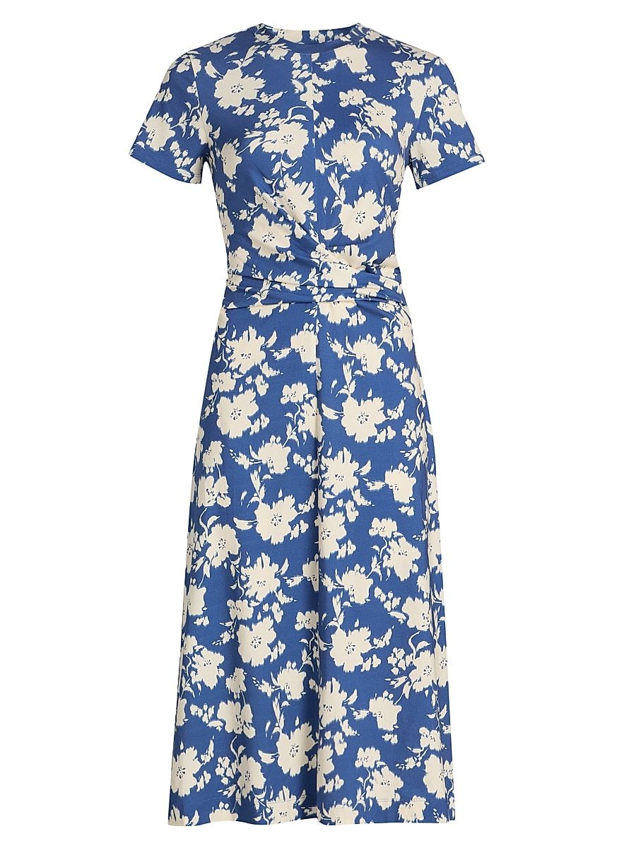 Women's Mac Floral Gathered Midi-Dress - French Blue Cream Multi - Size XL