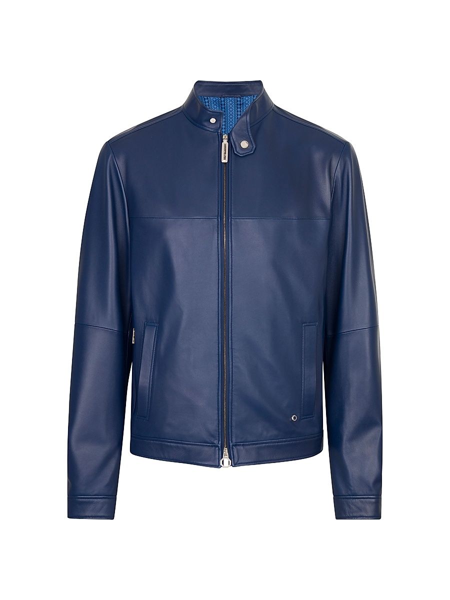 Men's Lambskin Leather Biker Jacket - Blue - Size 48