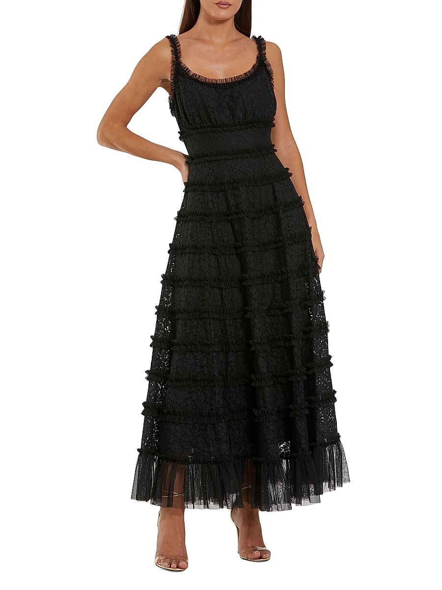 Women's Ruffled Lace Midi-Dress - Black - Size 14