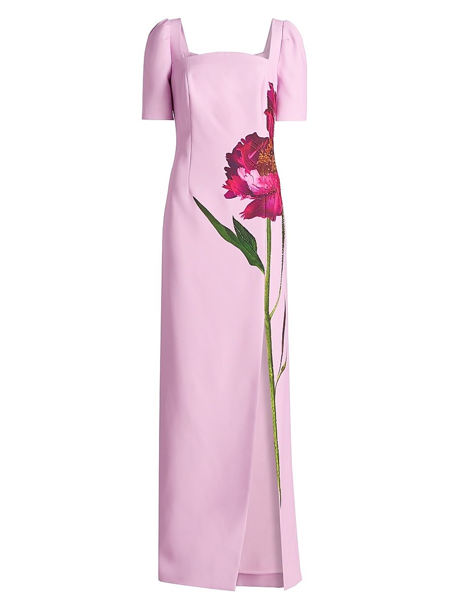 Women's Digital Flower Print Crepe Column Gown - Blush Multi - Size 2