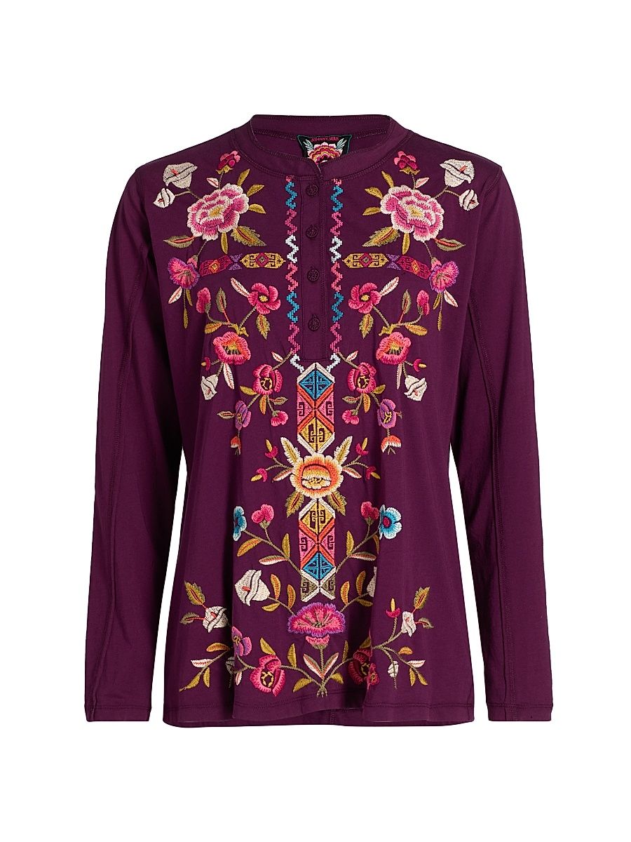 Women's Anaya Floral-Embroidered Henley Top - Aubergine - Size XL