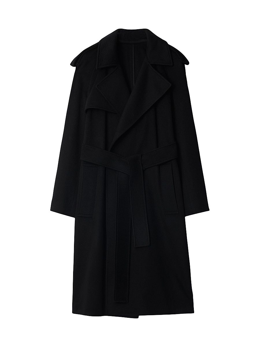 Women's Cashmere Tie-Waist Trench Coat - Black - Size 14