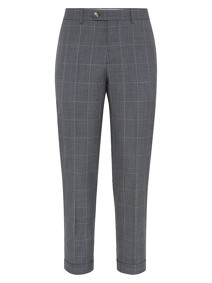 Men's Super 120s Virgin Wool Overcheck Formal Fit Trousers - Grey - Size 46