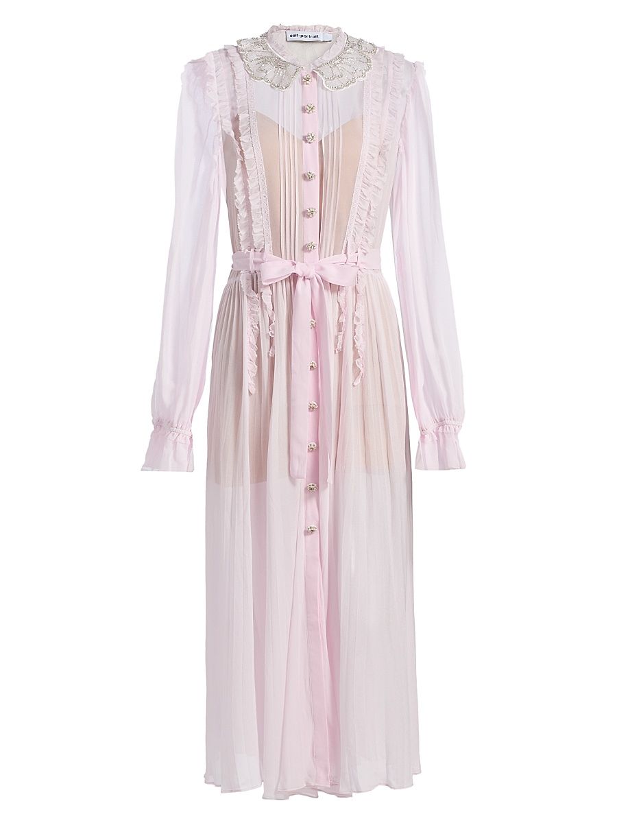 Women's Pleated Embellished Belted Midi-Dress - Pink - Size 12